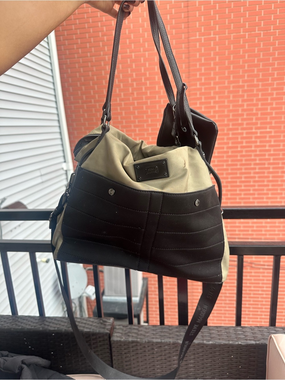Steve Madden Canvas and Black Faux-Leather Tote Bag